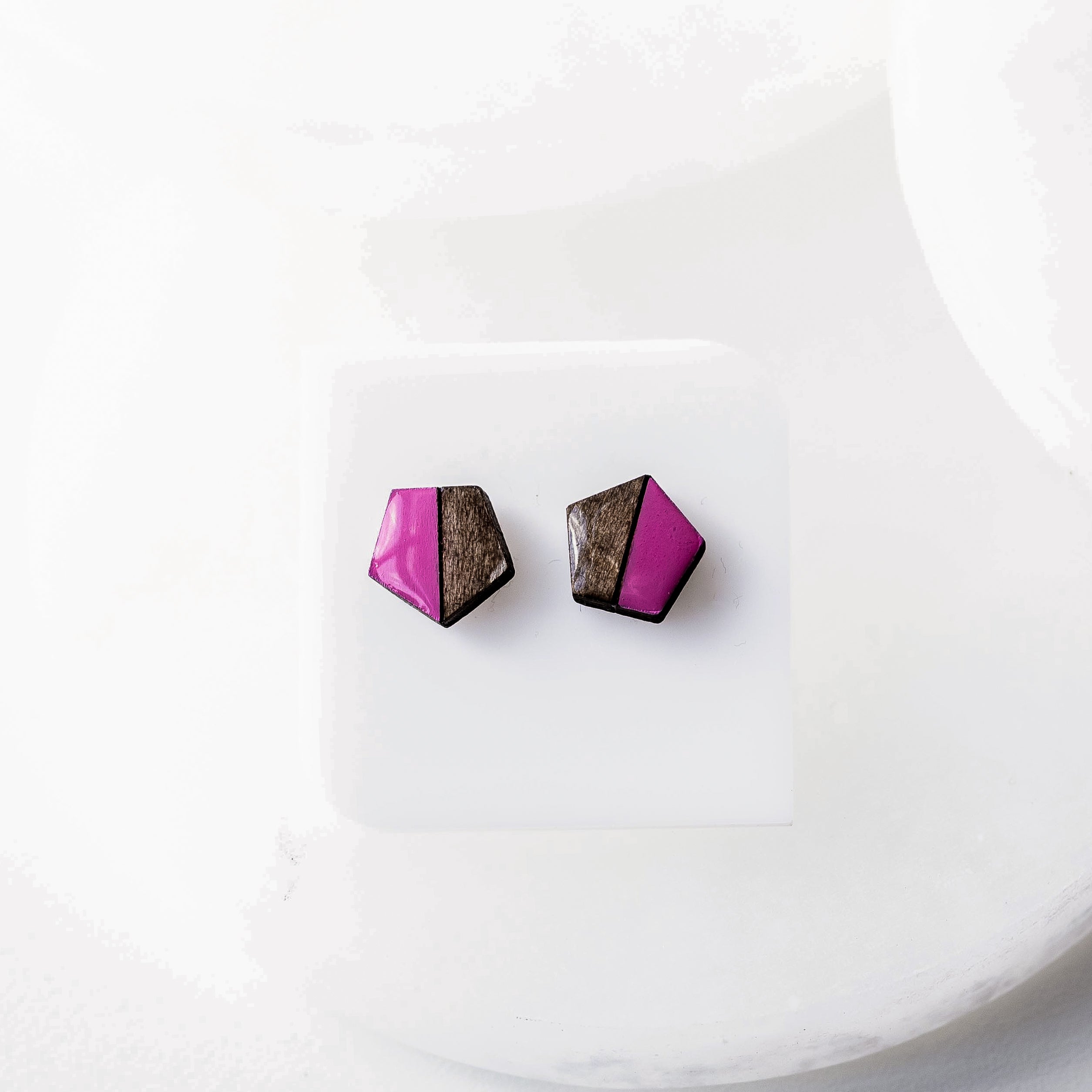 Paisley Two Tone Wood & Resin Pentagon Stud Earrings - Image 3