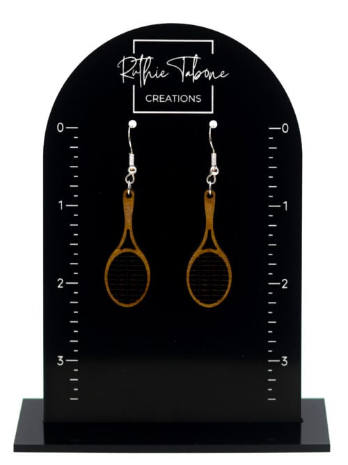 448A2071 Wood racket dangle earrings with dark string detail and silver hooks displayed on a black Ruthie Tabone Creations earring card with measurement markings.