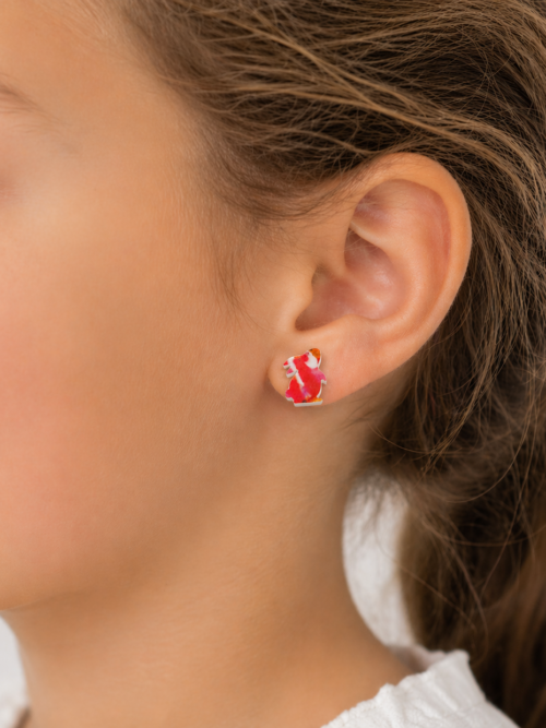Cute and colorful bunny stud earrings featuring a bright marbled red, pink, and yellow design—lightweight, playful, and perfectly sized for kids or anyone who loves fun, festive accessories.
