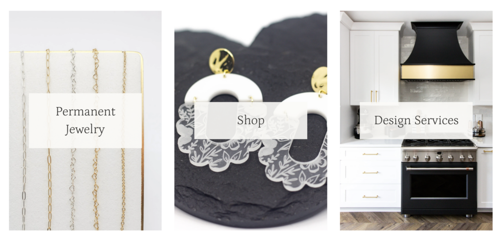 Three featured sections of the Ruthie Tabone website showcasing permanent jewelry with custom-fit chain options, handmade hypoallergenic earrings, and virtual interior design services. The collage highlights Ruthie Tabone's handcrafted jewelry, custom design work, and home design expertise in a clean black, white, and gold aesthetic.