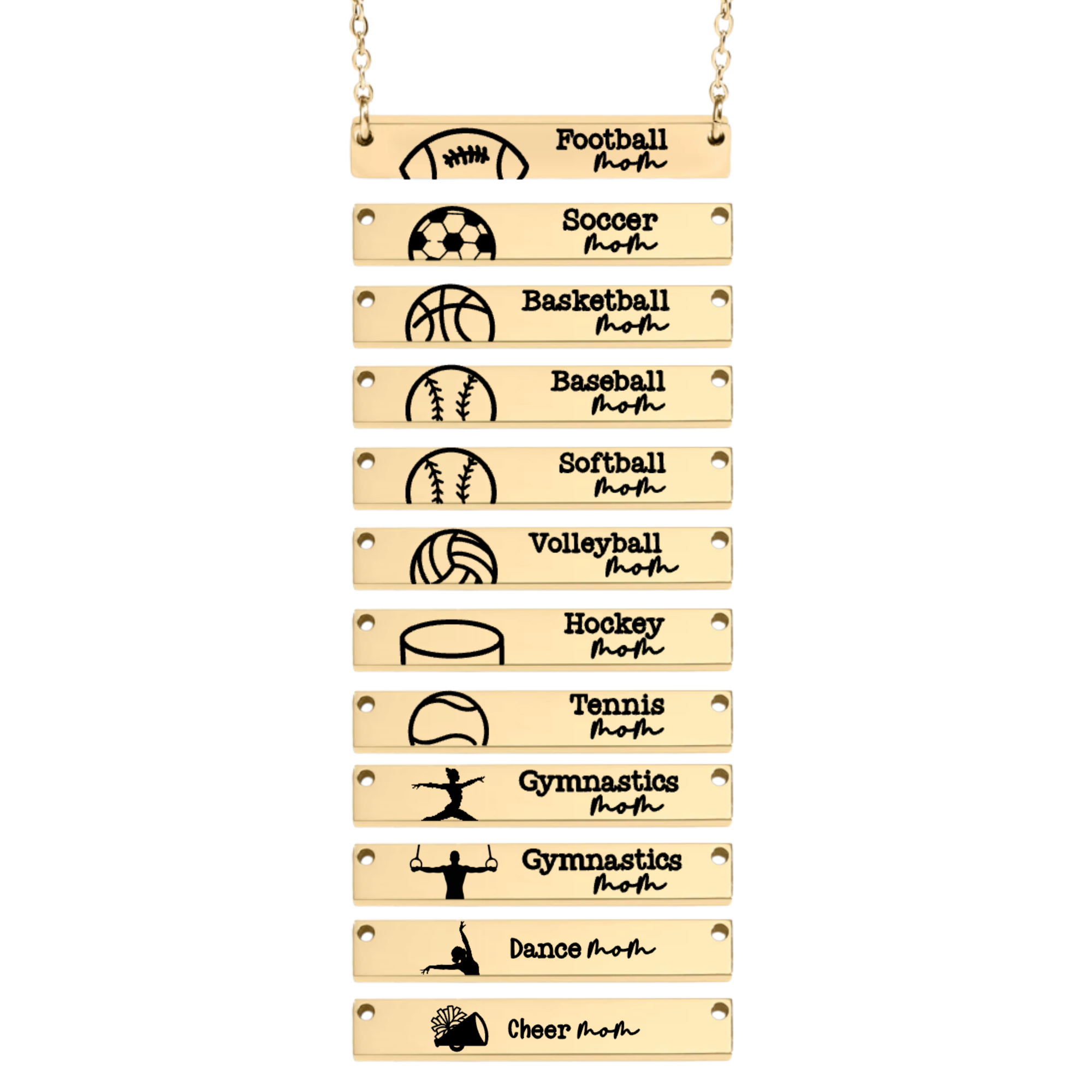 Gold Sports Mom engraved bar necklaces featuring Football, Soccer, Basketball, Baseball, Softball, Volleyball, Hockey, Tennis, Dance, Cheer, and girls’ and boys’ Gymnastics designs.
