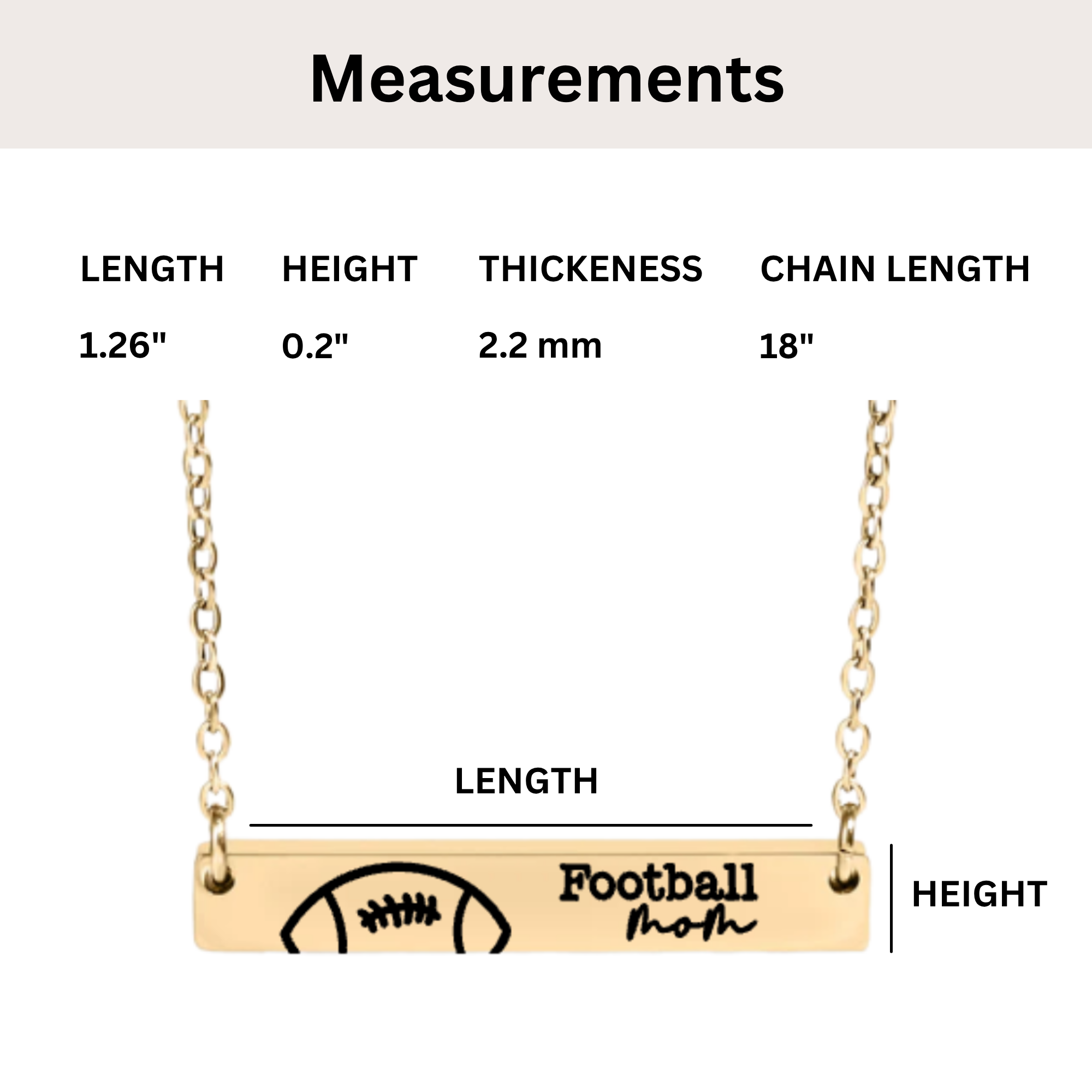 Measurement chart for a gold Football Mom engraved bar necklace showing a 1.26-inch length, 0.2-inch height, 2.2 mm thickness, and 18-inch chain length.