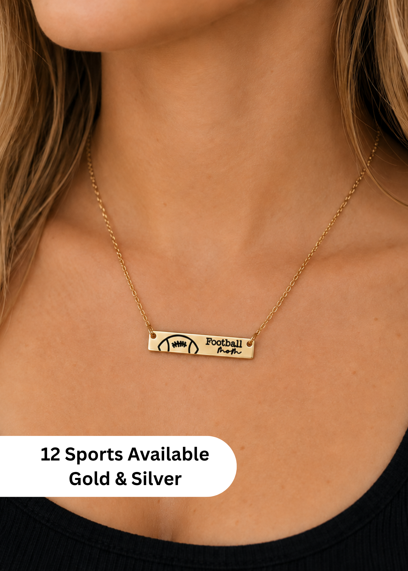 Gold football mom bar necklace featuring an engraved football design and “Football Mom” text, shown on a model with 12 sports available in gold and silver.